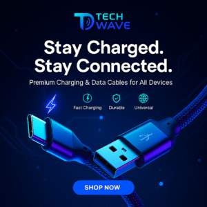 “Braided Techwave USB‑C and USB‑A charging cables illuminated in blue‑purple neon light.”