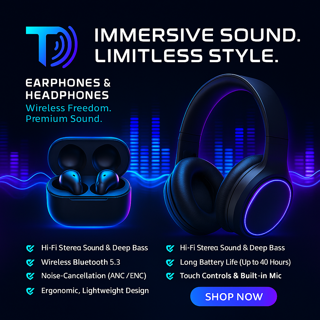 "Techwave wireless headphones and earphones showing over‑ear design and in‑ear buds with Bluetooth 5.3 and ANC features"