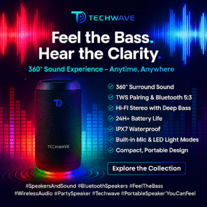 “Techwave portable Bluetooth speaker with braided design, glowing in blue‑purple neon, showing 360‑degree sound and durability icons.”