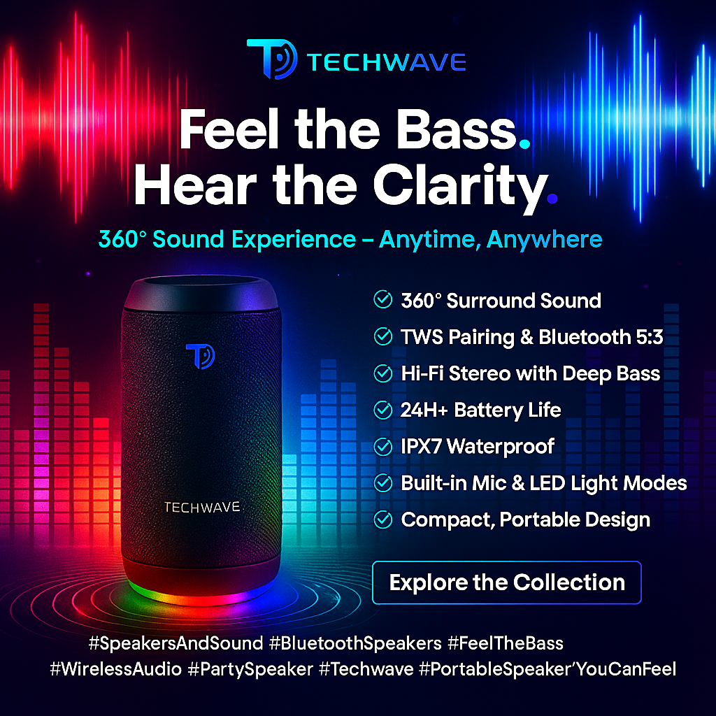 “Techwave portable Bluetooth speaker with braided design, glowing in blue‑purple neon, showing 360‑degree sound and durability icons.”