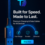 “Braided Techwave USB‑C and USB‑A charging cables illuminated in blue‑purple neon light.”