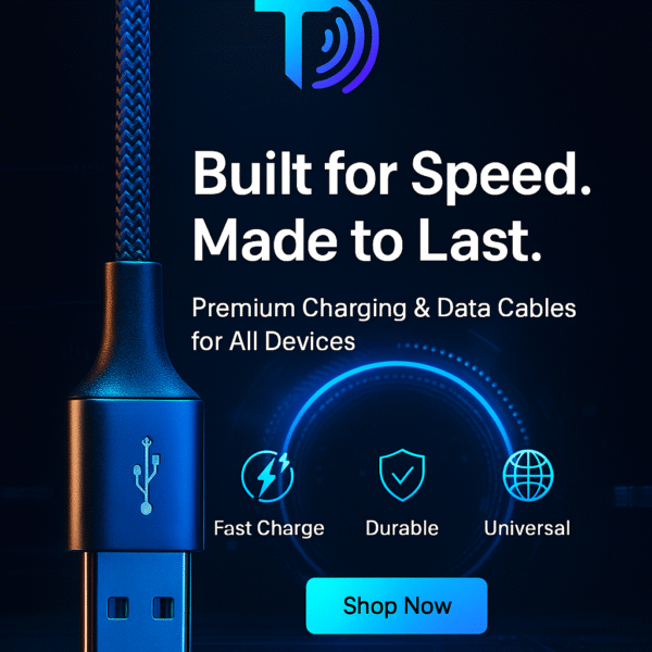 “Braided Techwave USB‑C and USB‑A charging cables illuminated in blue‑purple neon light.”